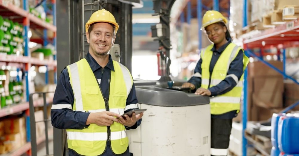 Two men working in a warehouse, smiling