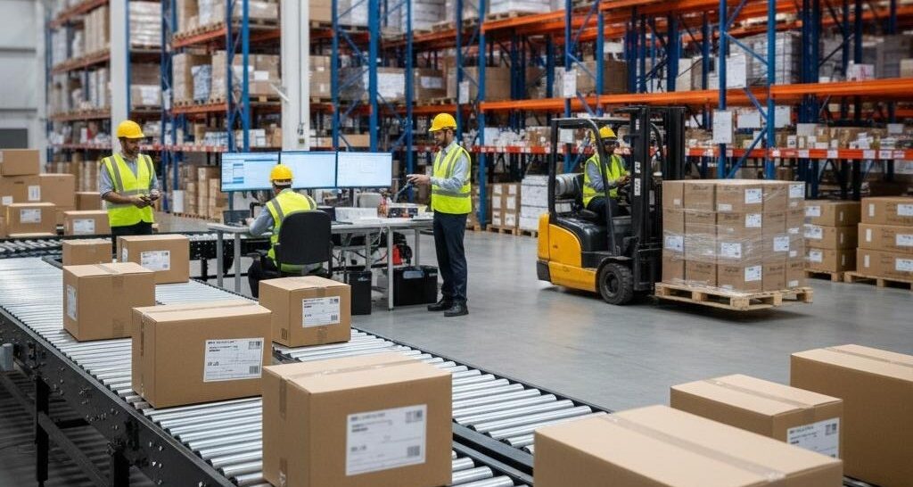 Warehouse workers in safety gear managing inventory using a conveyor belt, computer workstations, and a forklift within a large-scale distribution center.