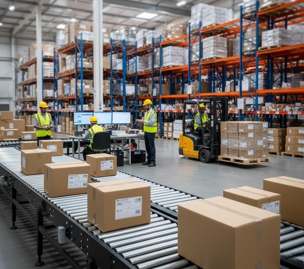 Warehouse workers in safety gear managing inventory using a conveyor belt, computer workstations, and a forklift within a large-scale distribution center.