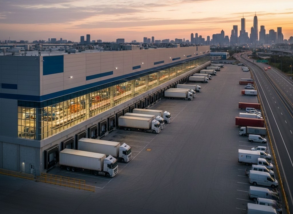 An expansive industrial 3PL warehouse facility with multiple loading docks and trucks during sunset, featuring a major city skyline in the background.
