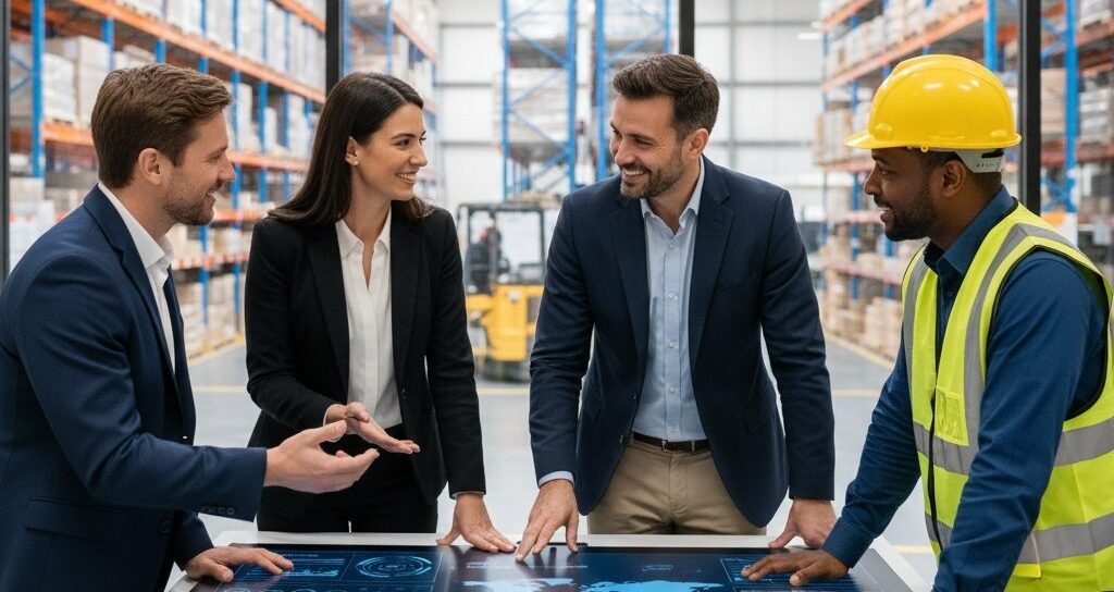 Three business professionals and a warehouse manager in a safety vest discussing global logistics data on a large interactive digital touchscreen table with a warehouse in the background.