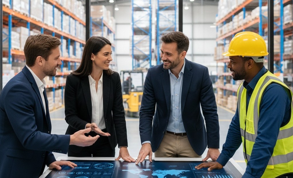 Three business professionals and a warehouse manager in a safety vest discussing global logistics data on a large interactive digital touchscreen table with a warehouse in the background.