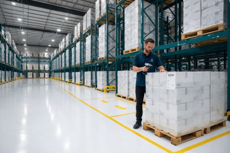 A warehouse professional in a navy polo shirt uses a handheld scanner to verify a large pallet of shrink-wrapped white boxes. He is standing in a vast facility with massive industrial shelving units reaching the ceiling, representing the controlled receiving and SKU verification workflows of modern 3PL warehouse management.