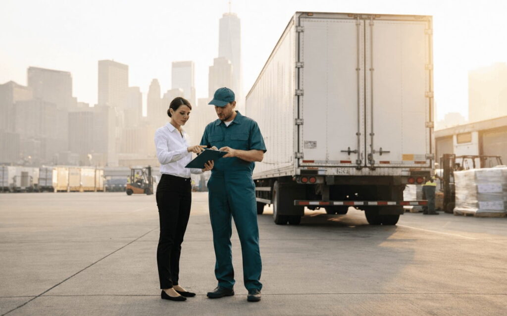 A female 3PL warehouse manager in a white blouse and a male logistics professional in a green uniform stand in a sunny distribution yard reviewing a clipboard. A large white semi-truck is docked behind them, with a hazy New York City skyline visible in the background, illustrating the transportation coordination and labor planning required in modern logistics operations.