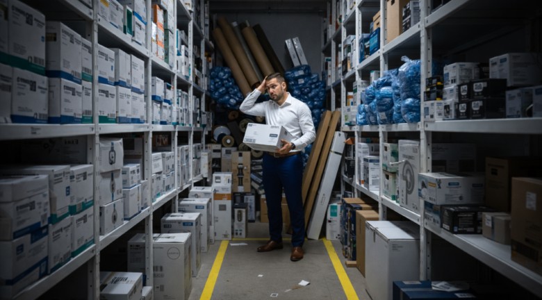 A business owner in a white shirt and blue trousers stands in a dimly lit, overcrowded storage room, looking stressed while holding a cardboard box. The floor-to-ceiling shelves are overflowing with mismatched inventory, illustrating the operational strain and storage space constraints that signal when using a 3PL makes sense.