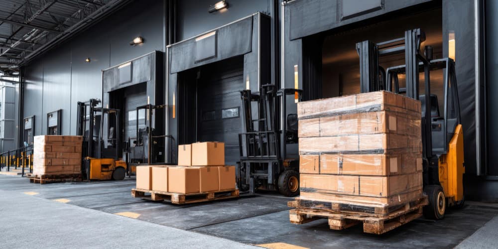 Warehouse loading docks with forklifts moving palletized boxes for freight shipping and logistics operations