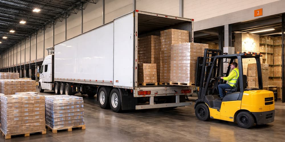 Forklift loading items to truck