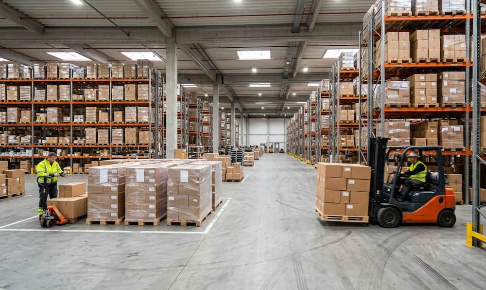 A large warehouse interior with tall industrial shelving units filled with boxes