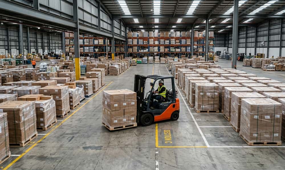 A high-angle view of an orange forklift moving a pallet of boxes