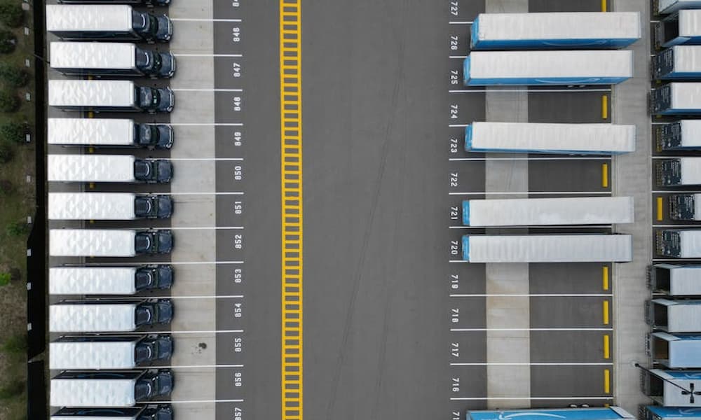 Aerial view of a 3PL Warehouse Trucking Parked 
