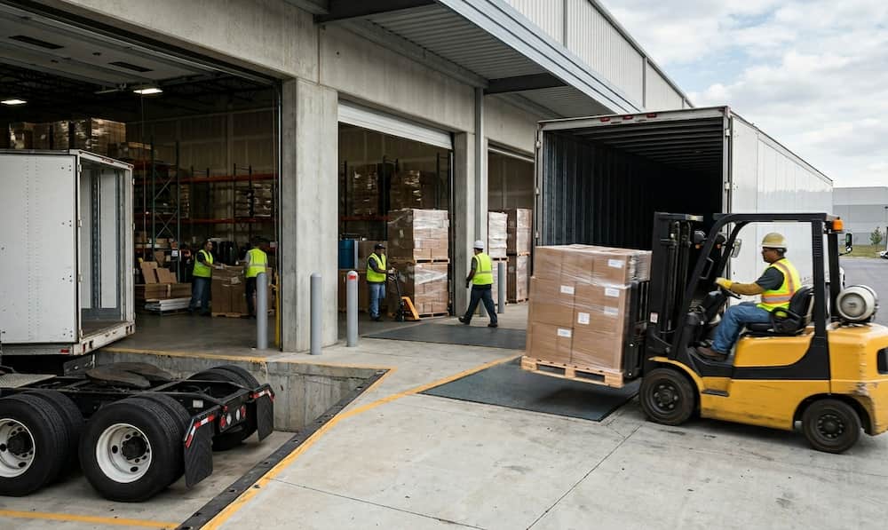 A forklift driver loading a pallet of boxes into a shipping container at a warehouse loading dock