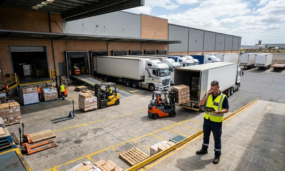 A warehouse loading dock with several white semi-trucks being loaded and unloaded