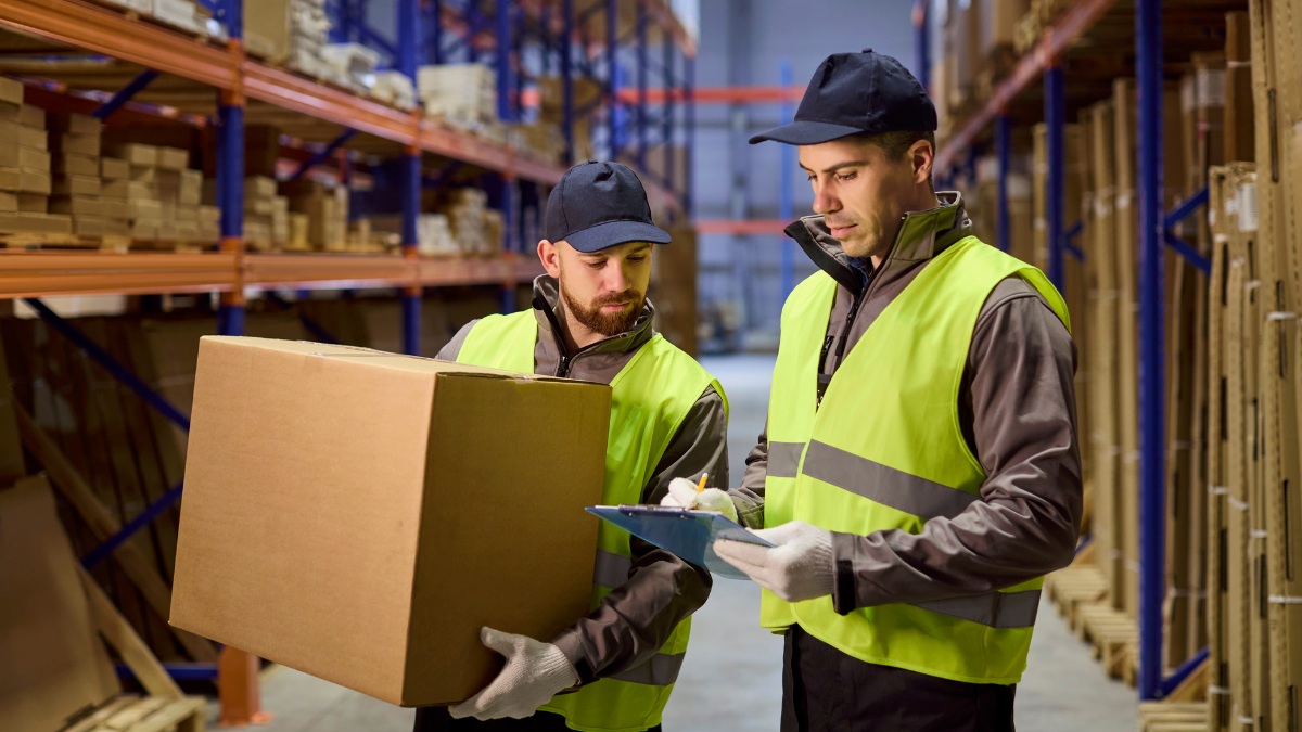 Two warehouse workers in high-visibility vests