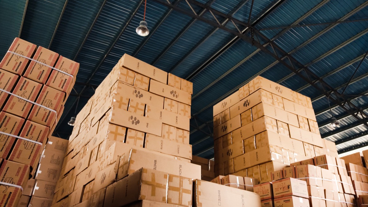 High stacks of cardboard boxes