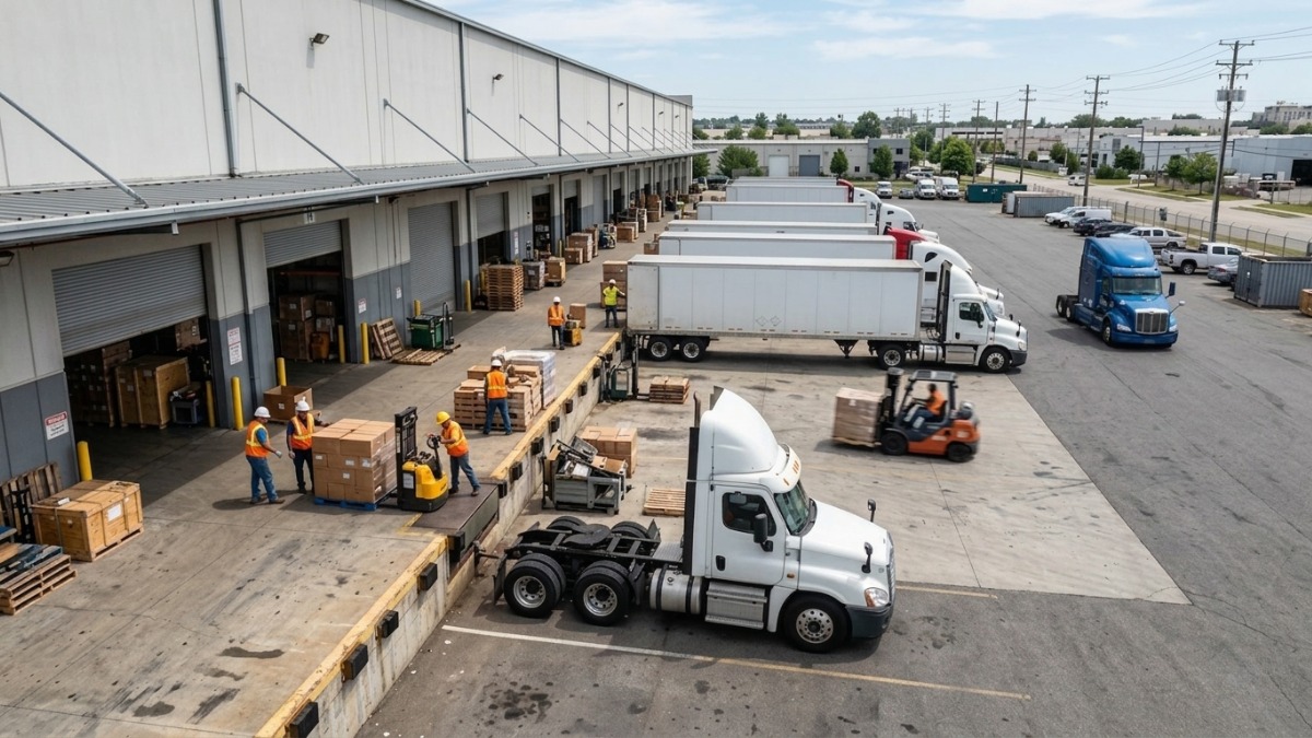 semi-trucks parked at a busy logistics warehouse loading dock