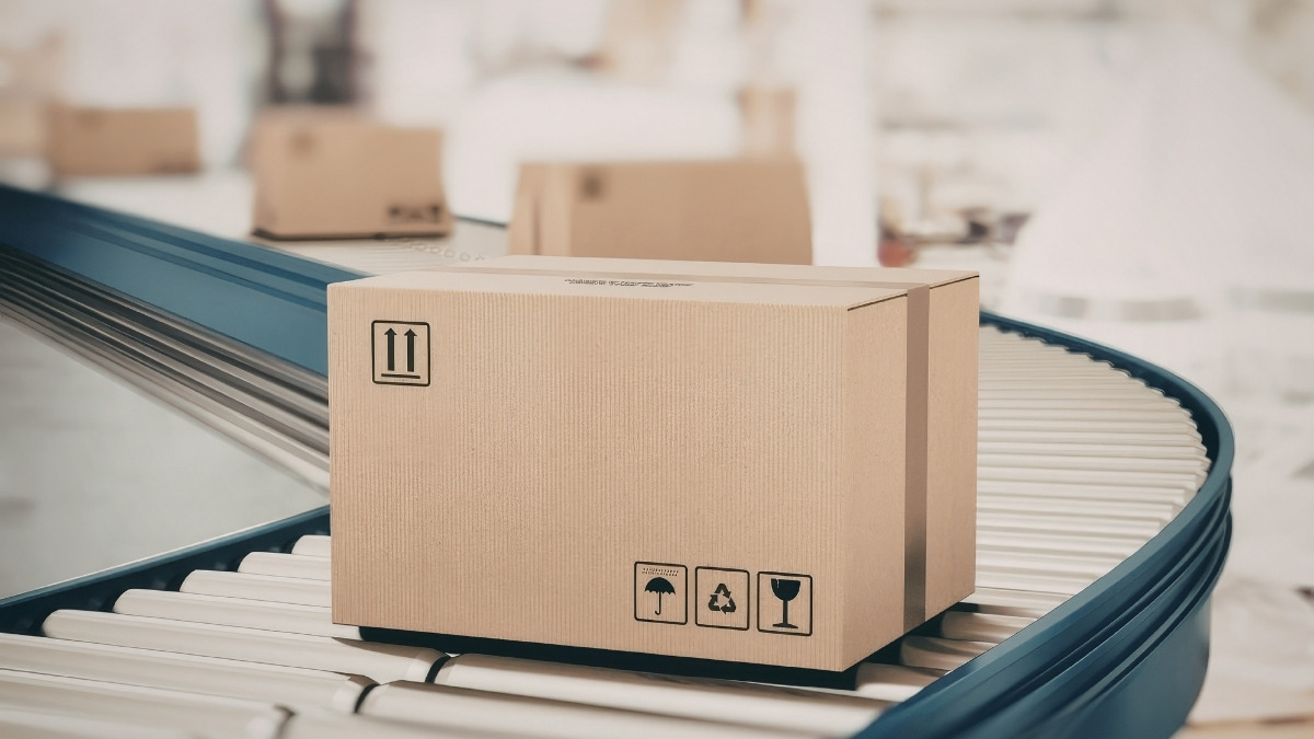 sealed cardboard box with shipping symbols