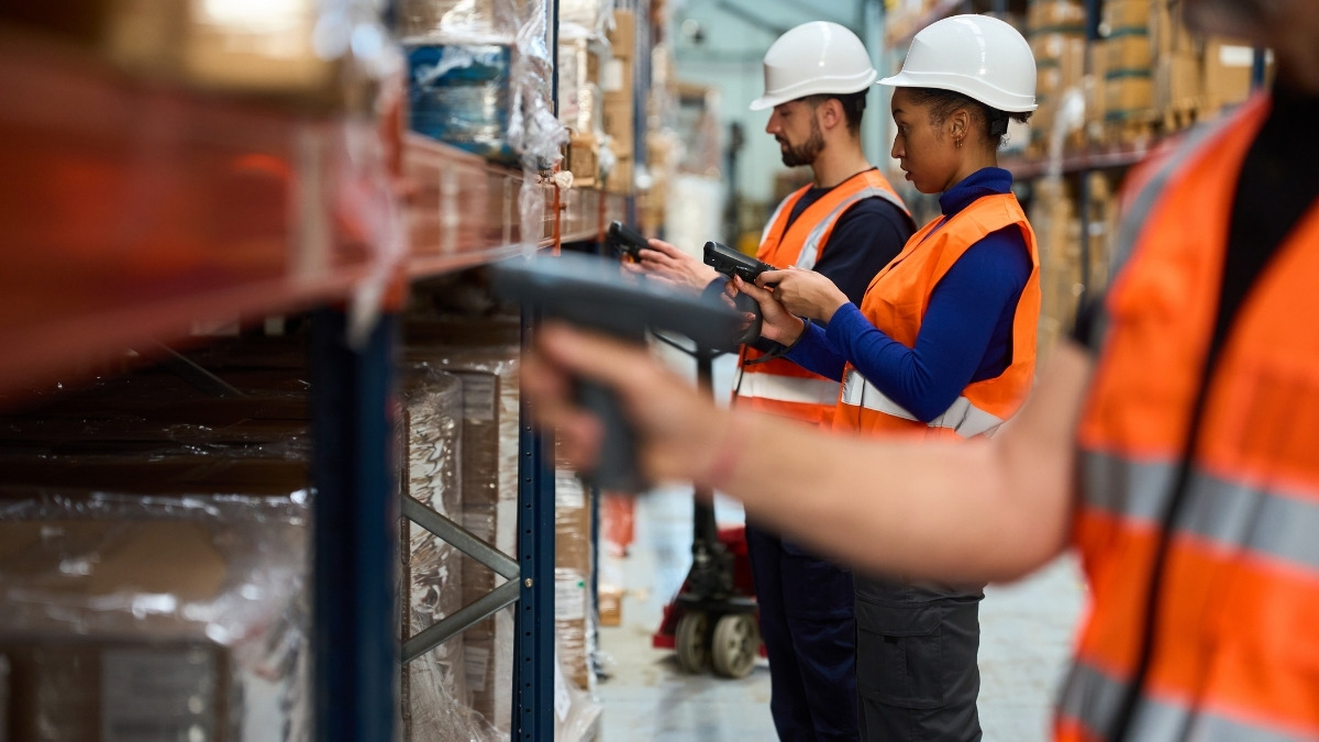 checks packages on a blue metal pallet rack